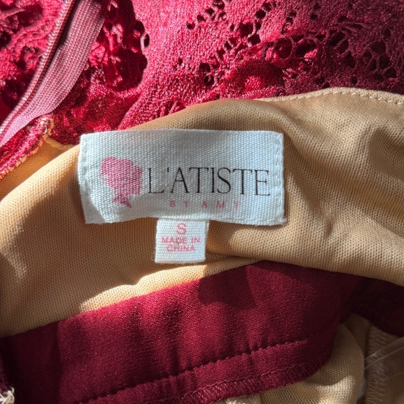 L'atiste By Amy Lace Party Dress Sz S Hi Low Hem Long Sleeve Dark Red Mermaid - Picture 2 of 9